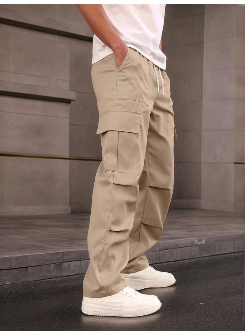 بنطلون كارغو رجالي كاكي متعدد الجيوب بساق مستقيمة ورباط كاجوال - Image 2